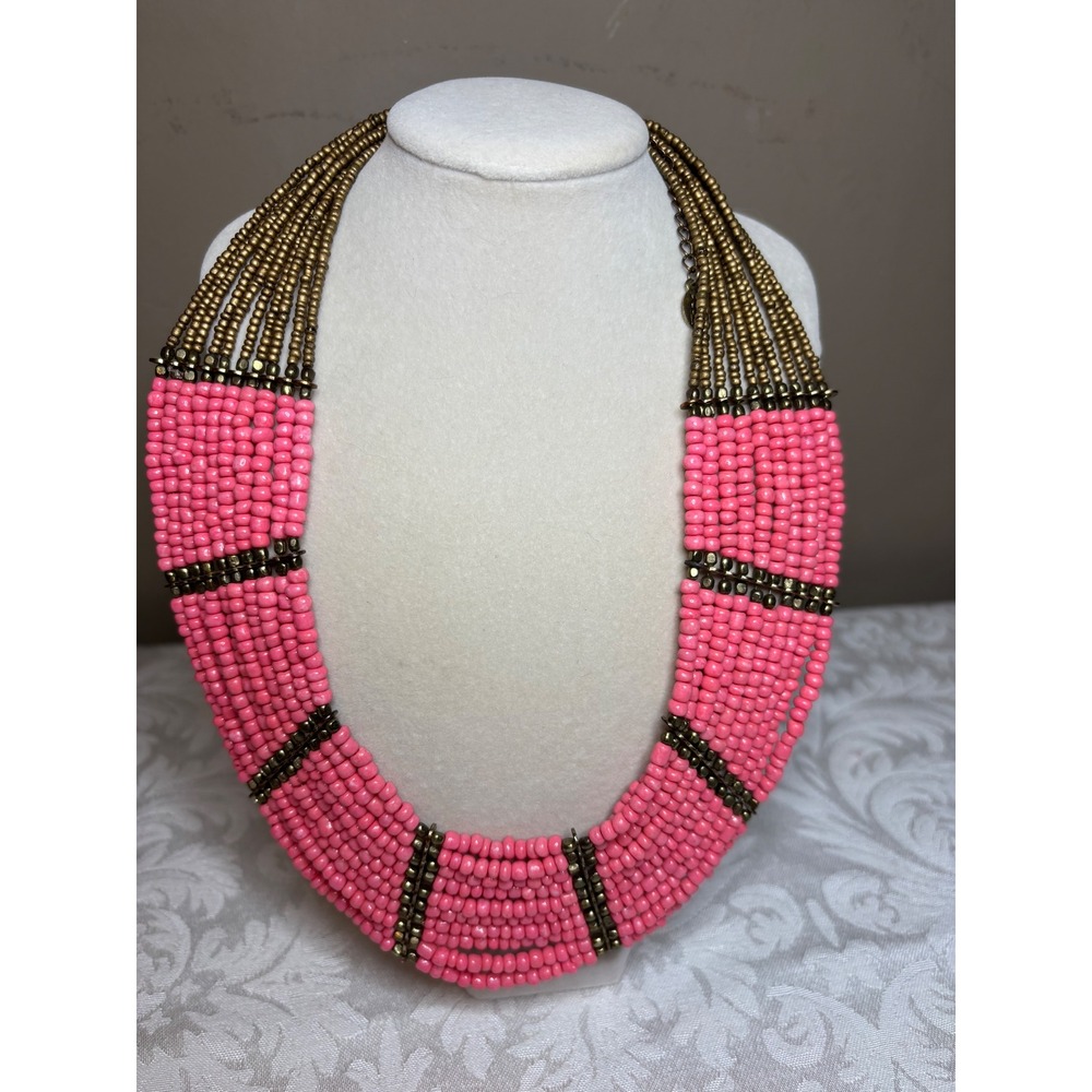 ALDO Pink Seed Bead Multi Strand Statement Bib Necklace Antique Gold Tone